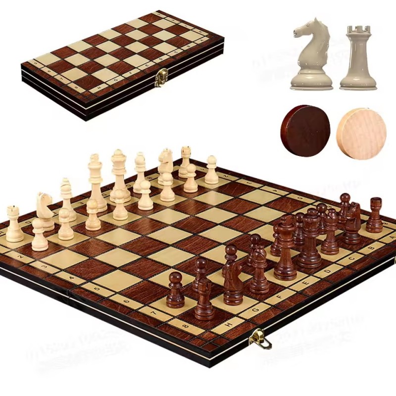 Board Game Yearbook - 3-in-1 Holz-Schachspiel Tragbares Dame-Backgammon-Schach-Set Schachfiguren Faltbares